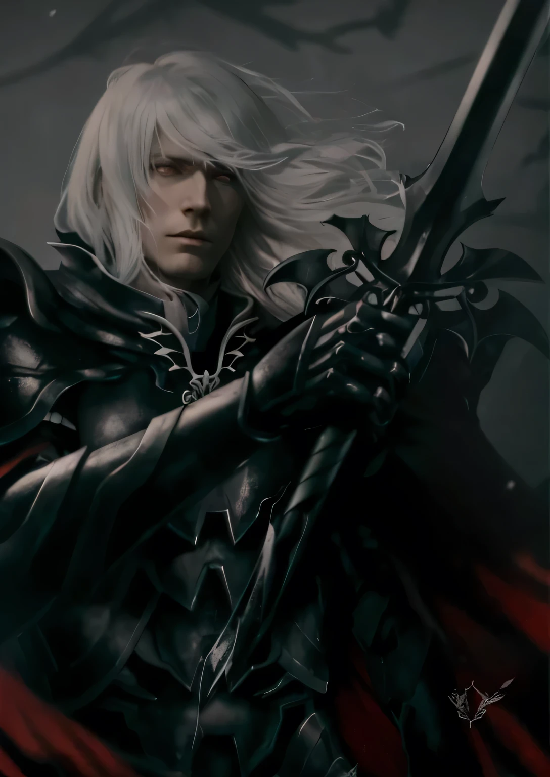 a white hair albino man, wearing black armor