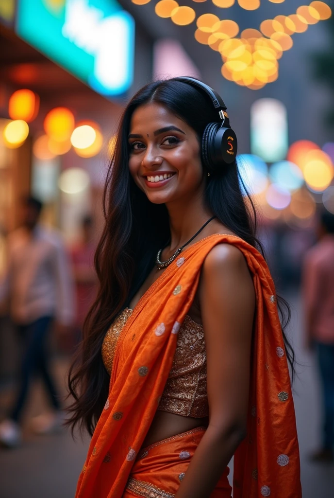 A sexy indian girl in saree without bra, she has headphones on and enjoying the music.
