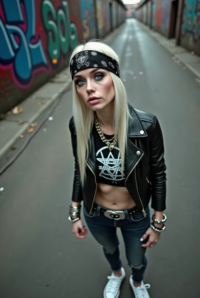 russian milf woman, biker gang member, platinum blonde hair (straight, middle part) with bandana headband, with very light blue eyes, extremely pale, heavy eye shadows. Sad face, smeared excessive make up and lipstick Wearing cropped black moto jacket, Cropped t-shirt with satanic logo, skinny blue jeans and white tennis sneakers . Lots of metallic bracelets and pendants. Tacky leather belt with oversized, excessive silver buckle. Hands in prayer. Wide loop earrings. Looks up like talking to God, mouth and eyes open