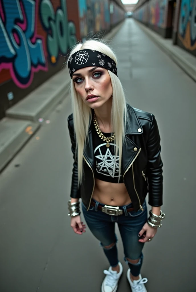 russian milf woman, biker gang member, platinum blonde hair (straight, middle part) with bandana headband, with very light blue eyes, extremely pale, heavy eye shadows. Sad face, smeared excessive make up and lipstick Wearing cropped black moto jacket, Cropped t-shirt with satanic logo, skinny blue jeans and white tennis sneakers . Lots of metallic bracelets and pendants. Tacky leather belt with oversized, excessive silver buckle. Hands in prayer. Wide loop earrings. Looks up like talking to God, mouth and eyes open