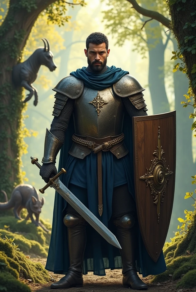 (photorealism:1.2), Dans un monde médiéval fantastique, un homme chevalier. 27 ans, 1m80, Cheveux et barbe courts noire. Il a un haut a manche courte bleu nuit. Il n'a pas de gantelets. Il a une épée en fer et un bouclier en bois. Il porte une cotte de maille.