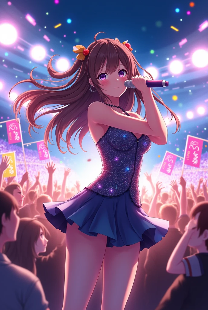 realistic,8k,Beautiful Japanese girl, rock idol estilo love live, singing for his fans at the stadium
