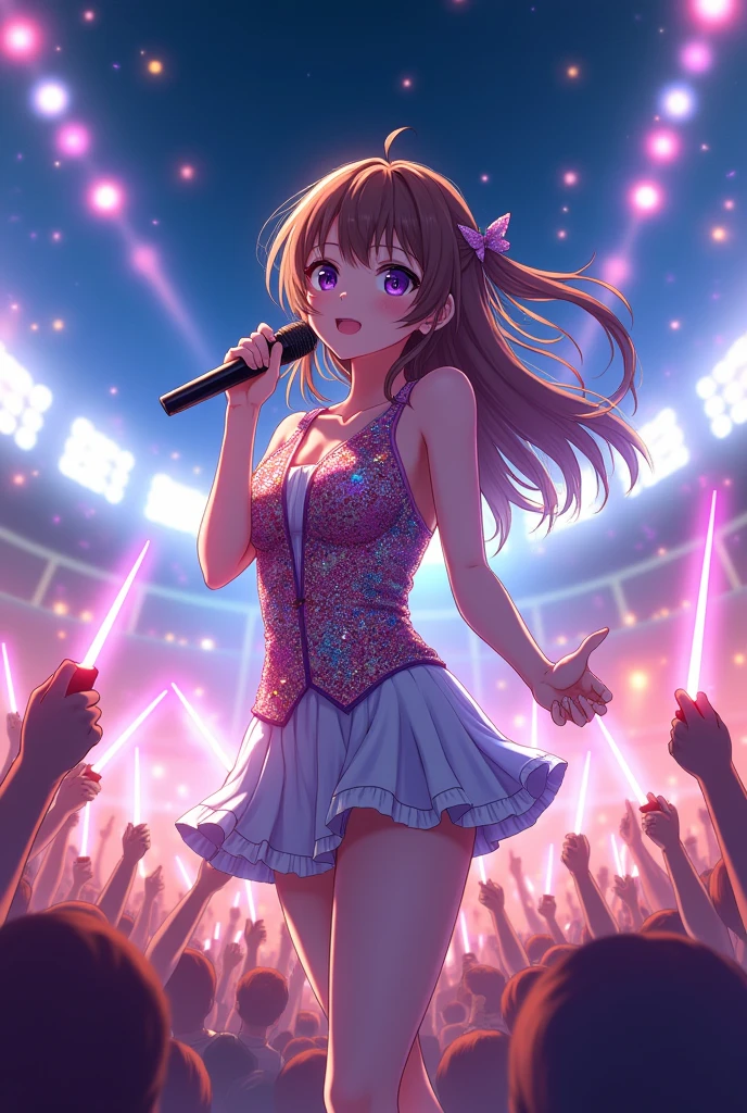 realistic,8k,Beautiful Japanese girl, rock idol estilo love live, singing for his fans at the stadium