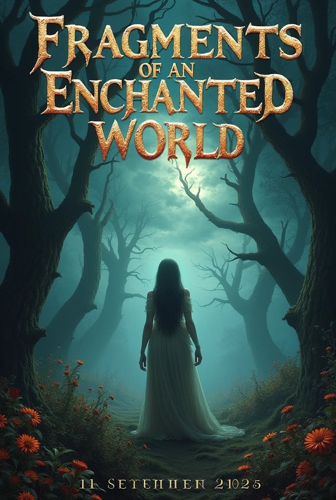 I need you to create a horror cover with the title "fragments of an enchanted world" with a release date for September 2025
