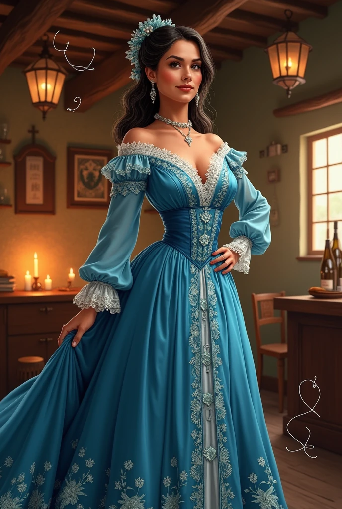 2D drawing of Policarpa Salavarrieta wearing a blue antique dress and holding a beer