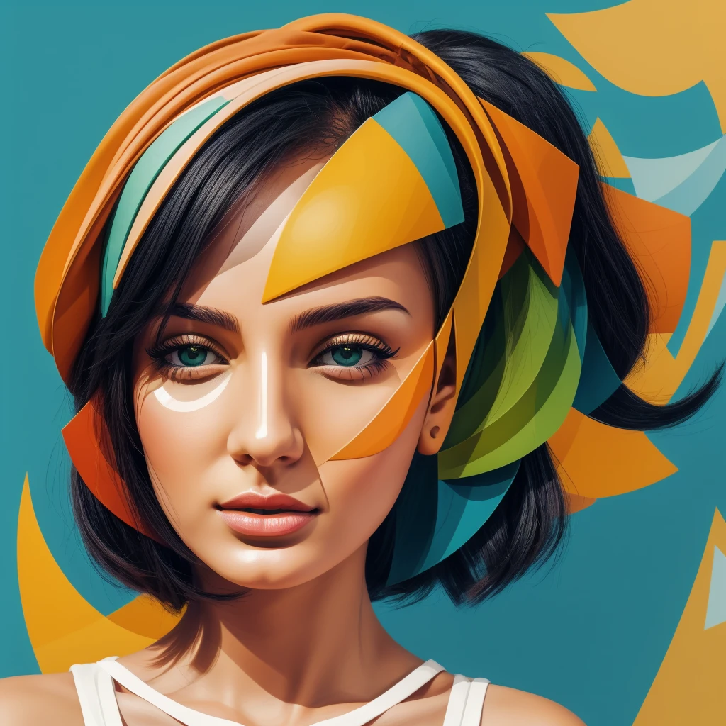 Abstract summer, minimal, vector, a combination of natural and geometric, two-dimensional, more than using the color code 9ea856 tones and mustard palette, dark mustard pastel color, using very little warm colors with mixed tones of green and mustard, the face of a A girl over 20 years old randomly in different directions and looking, a combination of analytical and abstract cubism style, European, Russian, Iranian face style