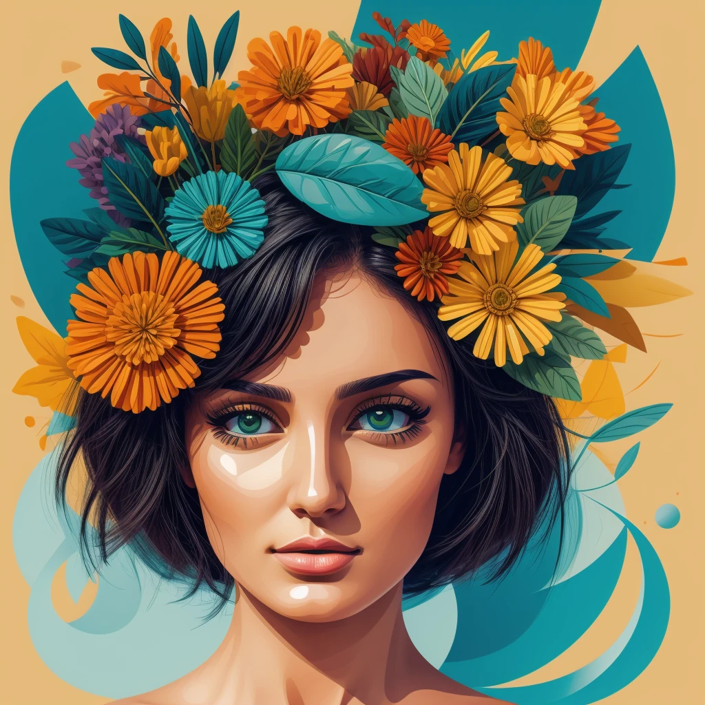Abstract summer, minimal, vector, a combination of natural and geometric, two-dimensional, more than using the color code 9ea856 tones and mustard palette, dark mustard pastel color, using very little warm colors with mixed tones of green and mustard, the face of a A girl over 20 years old randomly in different directions and looking, a combination of analytical and abstract cubism style, European, Russian, Iranian face style