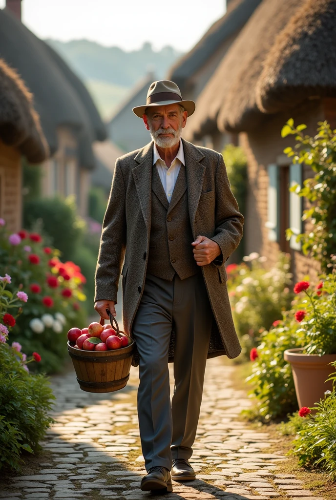 An image of a country gentleman, carrying a bucket, em um vilarejo, country man, photo realist,