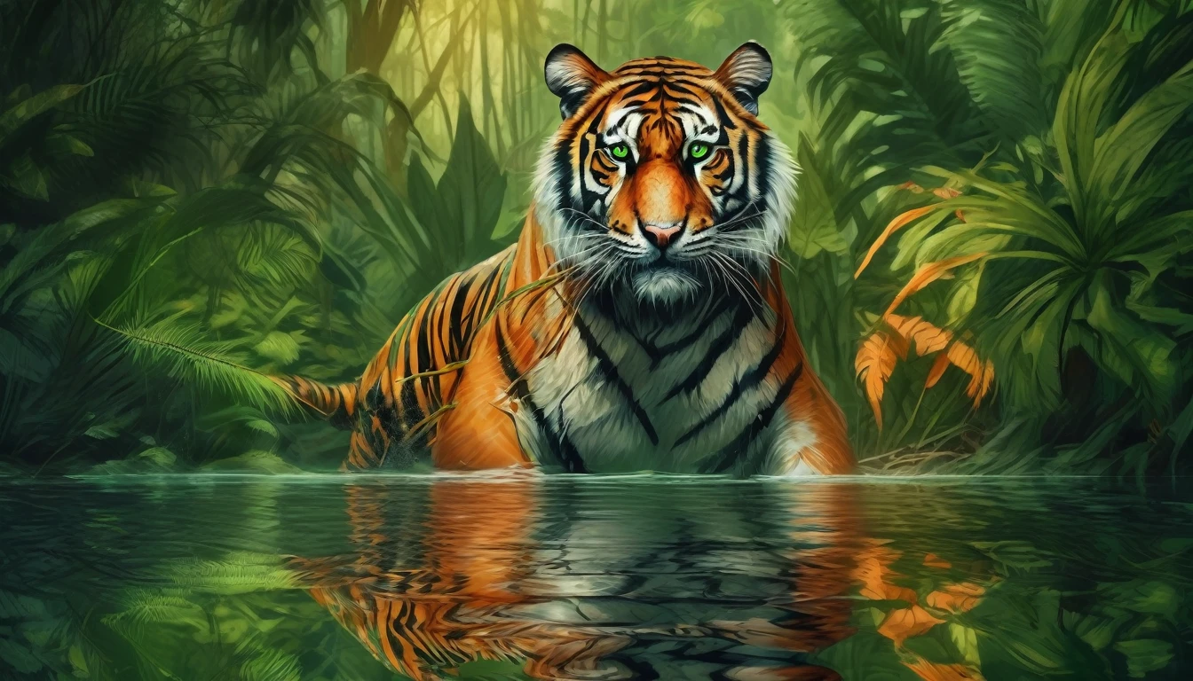 tiger captured in a lush green jungle, the tiger is in the middle of the photo, lively gaze, with a reflection of water. The tiger's fur is a bright orange and black, with a lively gaze and striking green eyes. The image is sharp and detailed, with a cinematic quality. The background is blurred, creating a sense of depth and focus on the tiger, breathtaking images, high definition. (ultra realistic) extreme details, (best quality, 4k, 8k, high resolution, masterpiece: 1.5)