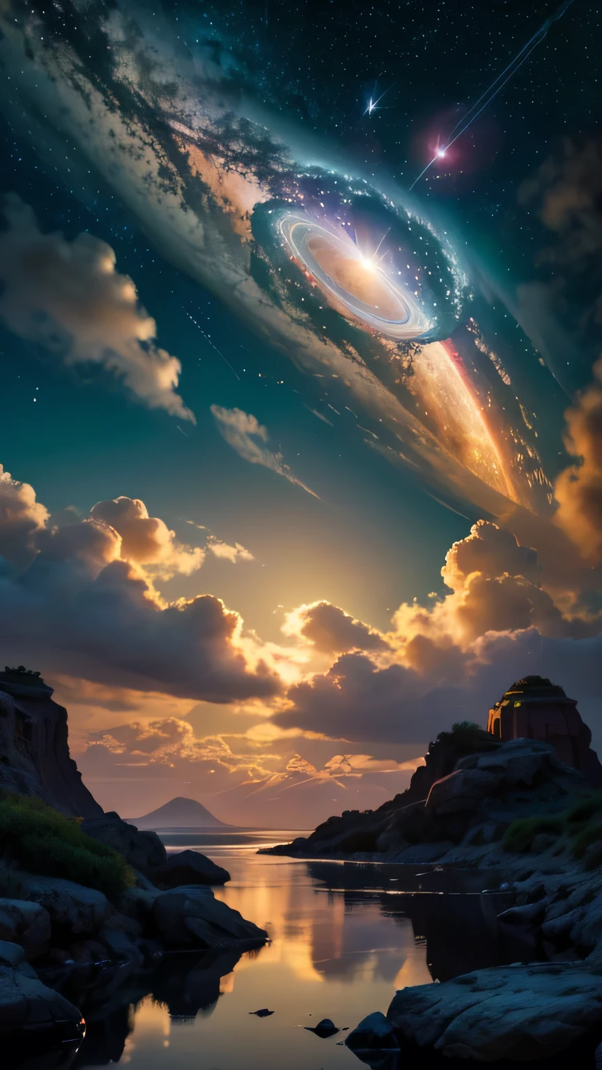 Highest quality, (masterpiece), Very detailed, (Illustrations for novels:1.2), (High resolution:1.2), Dramatic Light, looking at space through long Telescope, space, shooting star, thin lines amidst the planets, Look up, Fantasy,On a different planet,Expansiveness,Great details,Cinema lenses,Wide-angle composition,Hazy,A starry sky,Indian mythology,Shattered rocks fly everywhere.,Fantasy、another world、Starry Sky、shooting star、milky way、Multicolored clouds、another world、Countless islands floating in the sky々、Vast views、Wide-angle lens、A view looking down from a high hill. Realistic blurred background. 4K Full HD 60 FPS、Realistic lighting、deep sea,Ancient times,ancient fish,Swim gracefully,Future deep sea city,Atlantis Continent,Reflection of the universe,Vast space,fusion of the future and the past,Time Transcended,Space distortion、The paper surface shines with rainbow colors all over.、Halation、Angel Ring、Huge spaceship