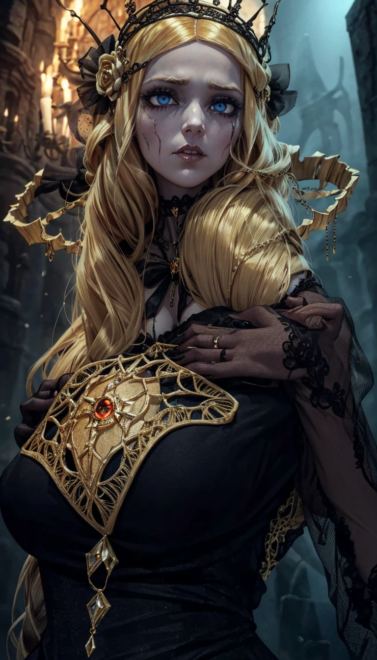 Zombie style, femme avec une couronne de sauron sur la tete, femme avec un bouquin dans les mains.
Femme au yeux blanc sans pupille, masterpiece, dark fantaisi, gothique ambiance, armure sexy, chevelure blonde