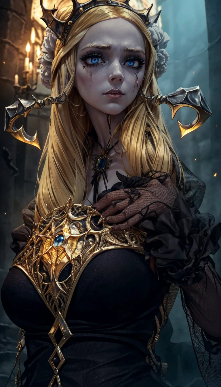 Zombie style, femme avec une couronne de sauron sur la tete, femme avec un bouquin dans les mains.
Femme au yeux blanc sans pupille, masterpiece, dark fantaisi, gothique ambiance, armure sexy, chevelure blonde