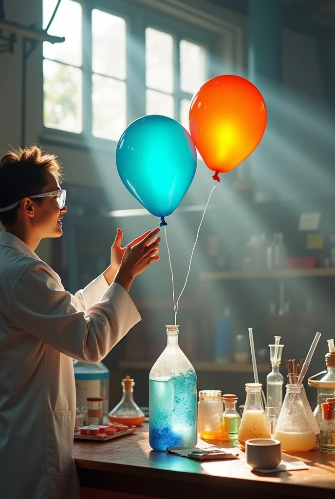 A balloon without a string covering the mouth of a plastic bottle without a string with a scientist showing it but without a string