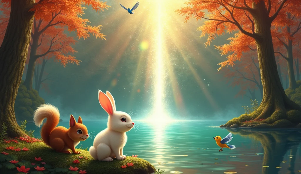 There is a lake in a colorful forest. Above this lake, a sparkle and bright light rises towards the sky. Next to the lake, a rabbit, a squirrel and a bird are watching the light happily. Let the light and shine be a bit of an exaggeration.