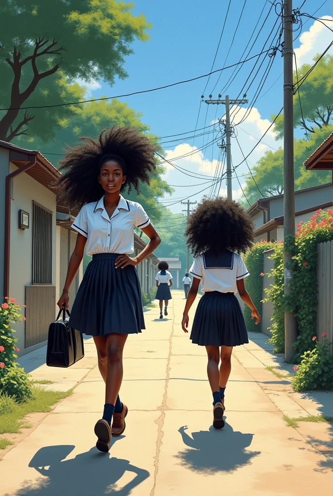 African age girl who is a little bit taller with a long full hair curly ponytail on a white top and black skirt Japanese uniform hanging a black school bag, running( chasing )after anotherAfrican girl with long full curly ponytail on a white top and black skirt Japanese uniform who is walking calmly looking forward like she doesn't oshe is being chased after,home . Both looking sad Realistic paint