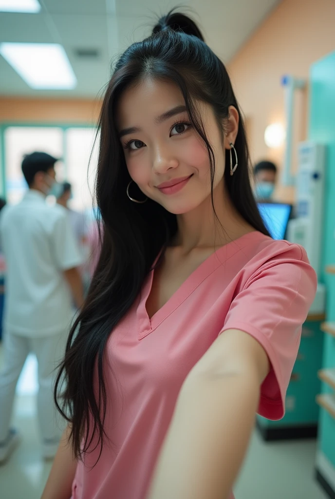 Beautiful Asian women, Black hair, brown eyes, (photorealistic: 1.4), smirk,big breasts,  big tits, huge tits, busty, , big breasts,  humongous breasts, wearing a scrub outfit, in the clinic, hair up, selfie 