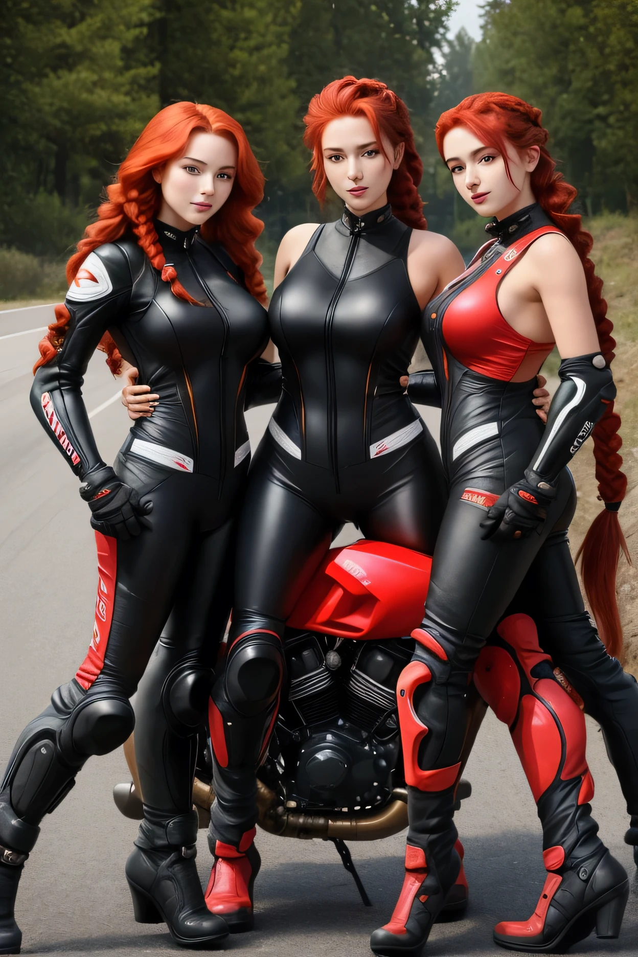 3 young French women, 2 .They compete in a motorcycle race. colorful suits tight to the body. tank top large breasts and large buttocks long red hair with wavy braid 