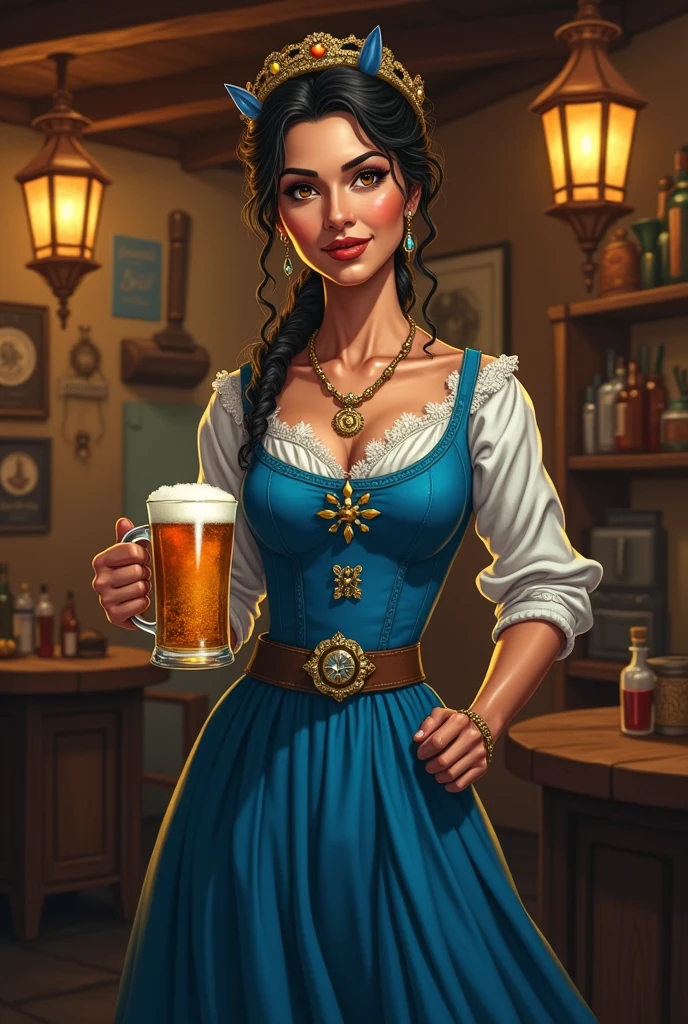 2D drawing of Policarpa Salavarrieta wearing a blue antique dress and holding a beer 