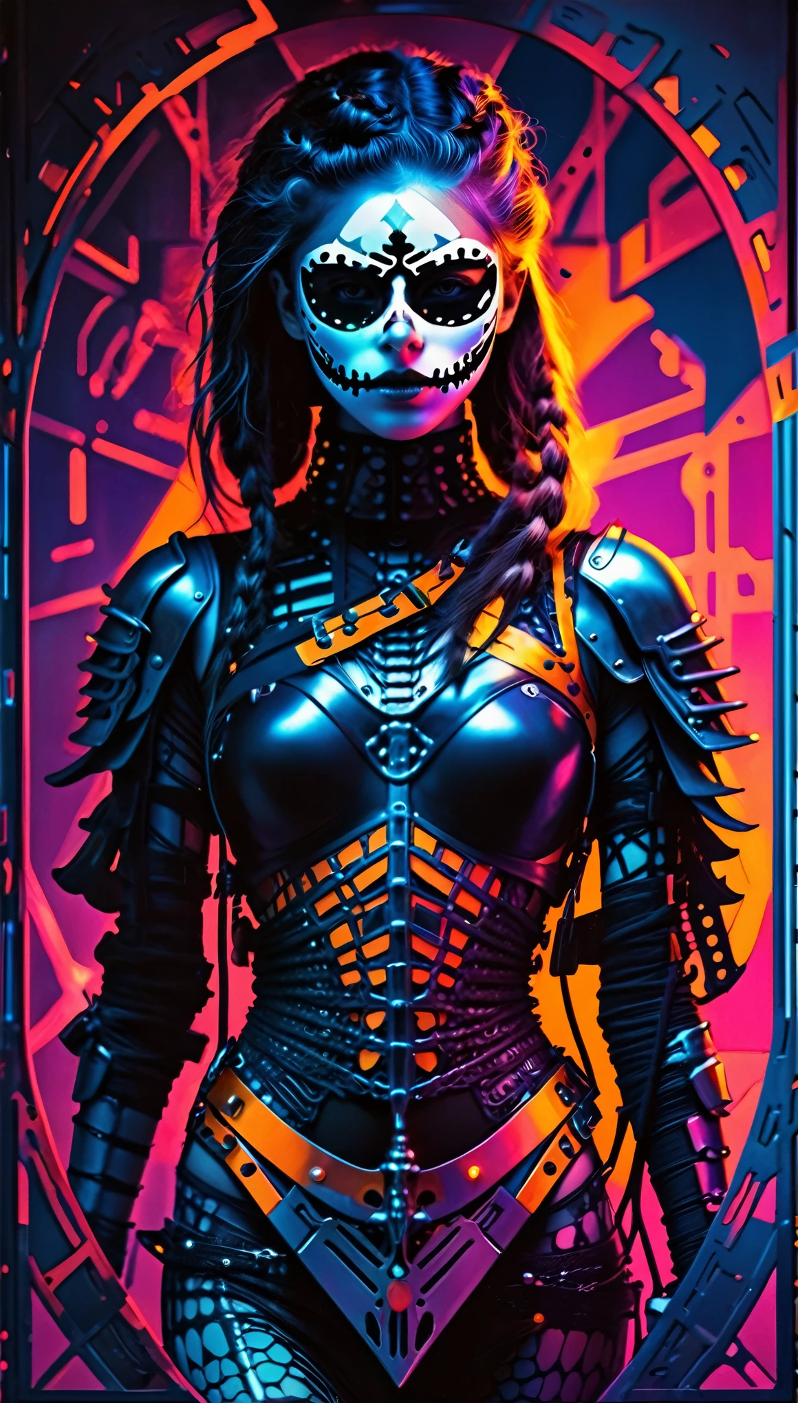 tarot card, chiaroscuro technique on sensual illustration of an queen of sword, a age fashion model wearing an exo-skeleton mask, vibrant colors, futuristic cyberpunk style, intricate details, cinematic lighting, dramatic pose, 