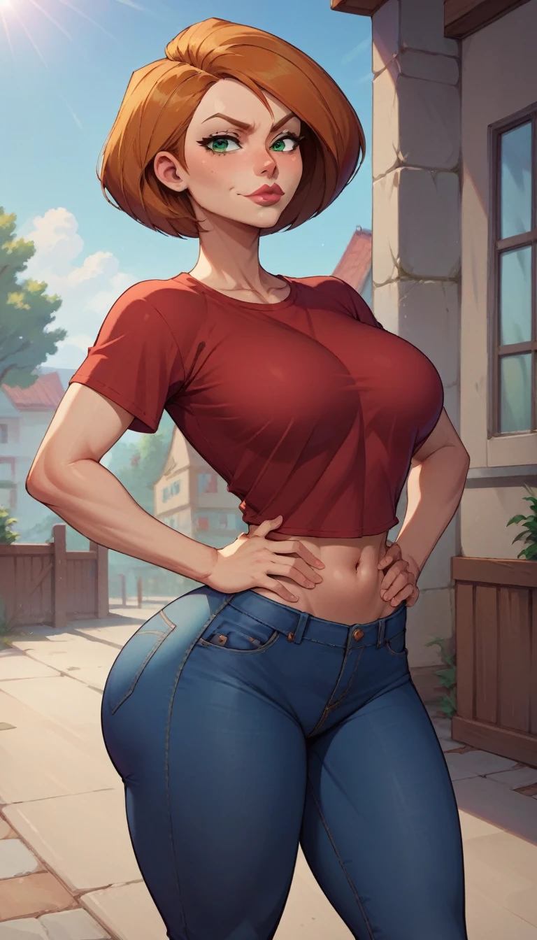 score_9, score_8_up, score_7_up, score_6_up, BREAK ann possible, source_anime,seductive smirk, T-shirt tucked in jeans,long coat, NSFW, big breasts, hands holding own hips, wide hips, big ass,short hair, big lips,