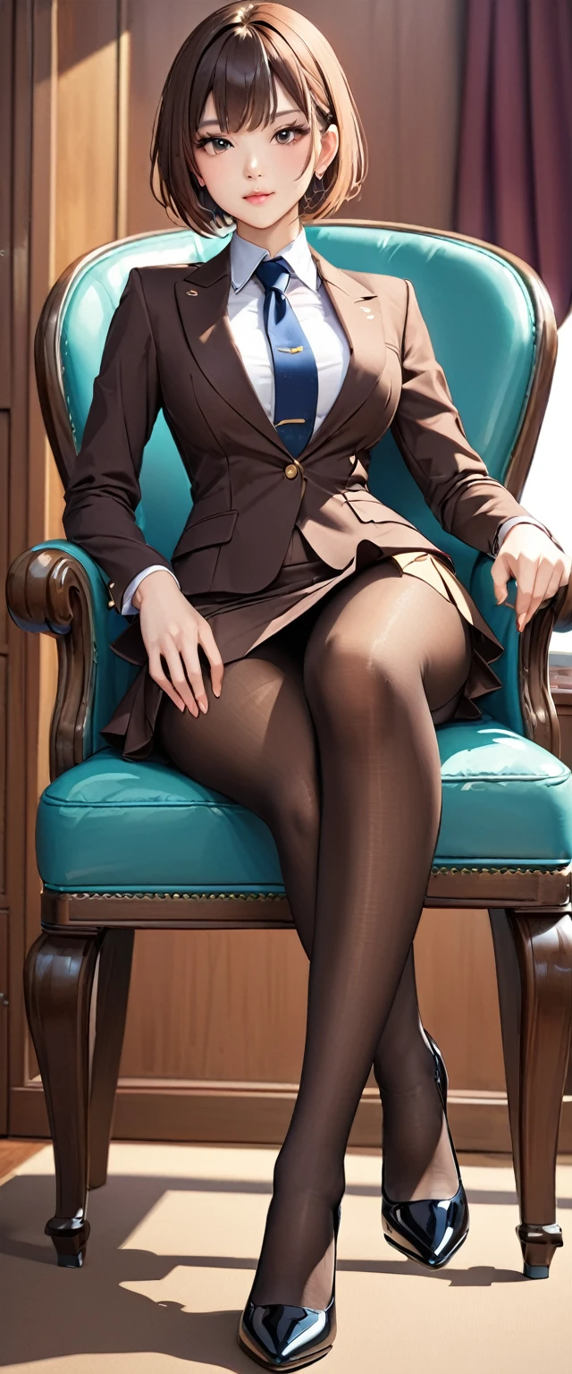 office、Beauty sitting on a chair、short hair、Beautiful legs、High heels、Brown pantyhose、Mini skirt suit、Panty shot