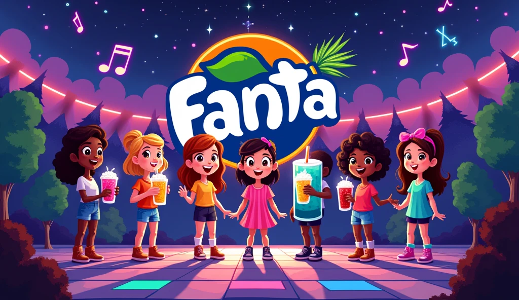 Throw a Fanta party, at night with pixel art for a party poster
