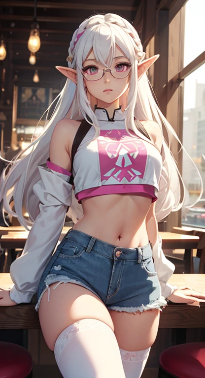 masterpiece, best quality, solo, princess Zelda, white hair, pink eyes, crop top, denim shorts, restaurant, thigh highs, pervert, dainty, glasses