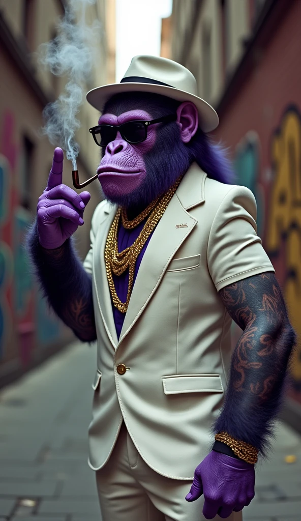 Purple Ape, wearing a white gangster suit with chains, a hat and glasses, tattooed, with huge diamond and gold rings, smoking with a pipe, pointing with his index finger to the left