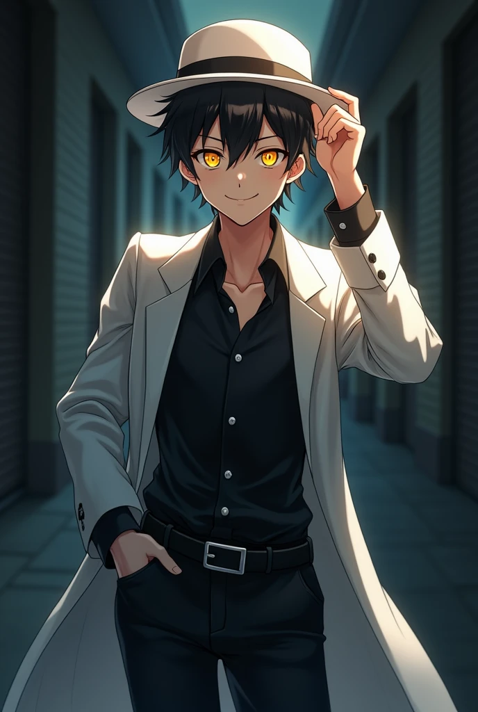 (8k, best quality, masterpiece:1.2), (anime style), RAW photo, best quality, ultra high res, best shadow, (full body:1.4), A guy with yellow eyes smiling, in a black shirt, white hat, and white coat horror, highly detailed facial features, perfect eyes one hand holds hat.