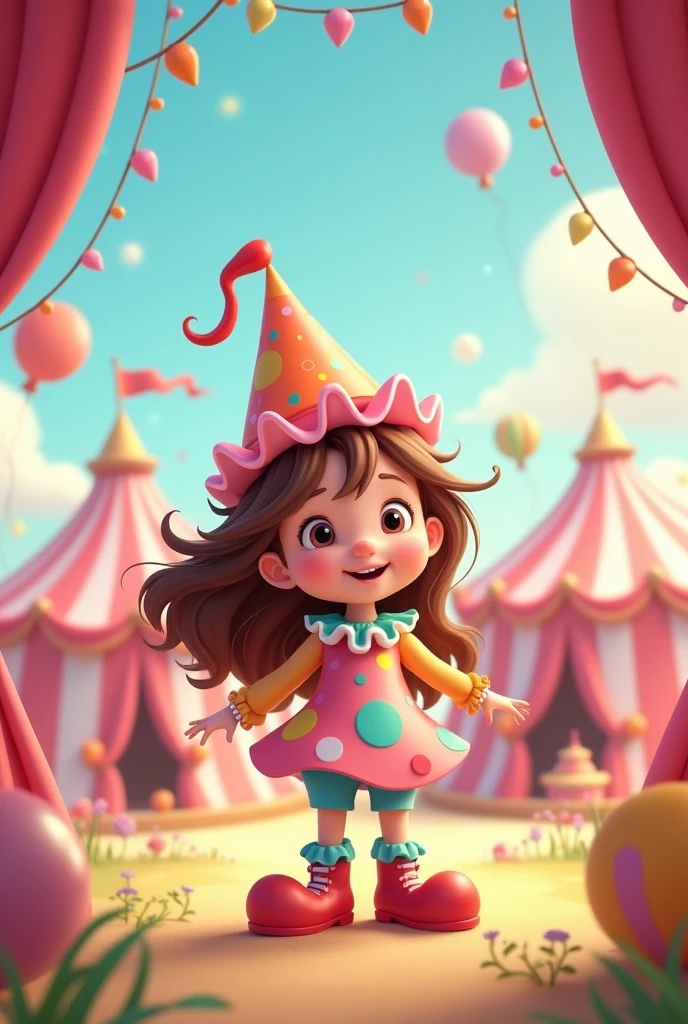 light pink circus birthday invitation with pastel colors and a with brown hair