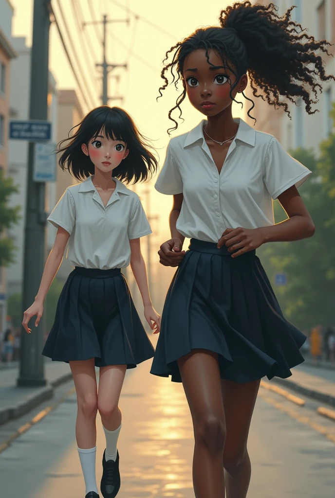 African teenage girl who is a little bit taller with a long full hair curly ponytail on a white top and black skirt Japanese uniform hanging a black school bag, running( chasing )after anotherAfrican girl with long full curly ponytail on a white top and black skirt Japanese uniform who is walking calmly looking forward like she doesn't oshe is being chased after,home . Both looking sad Realistic paint