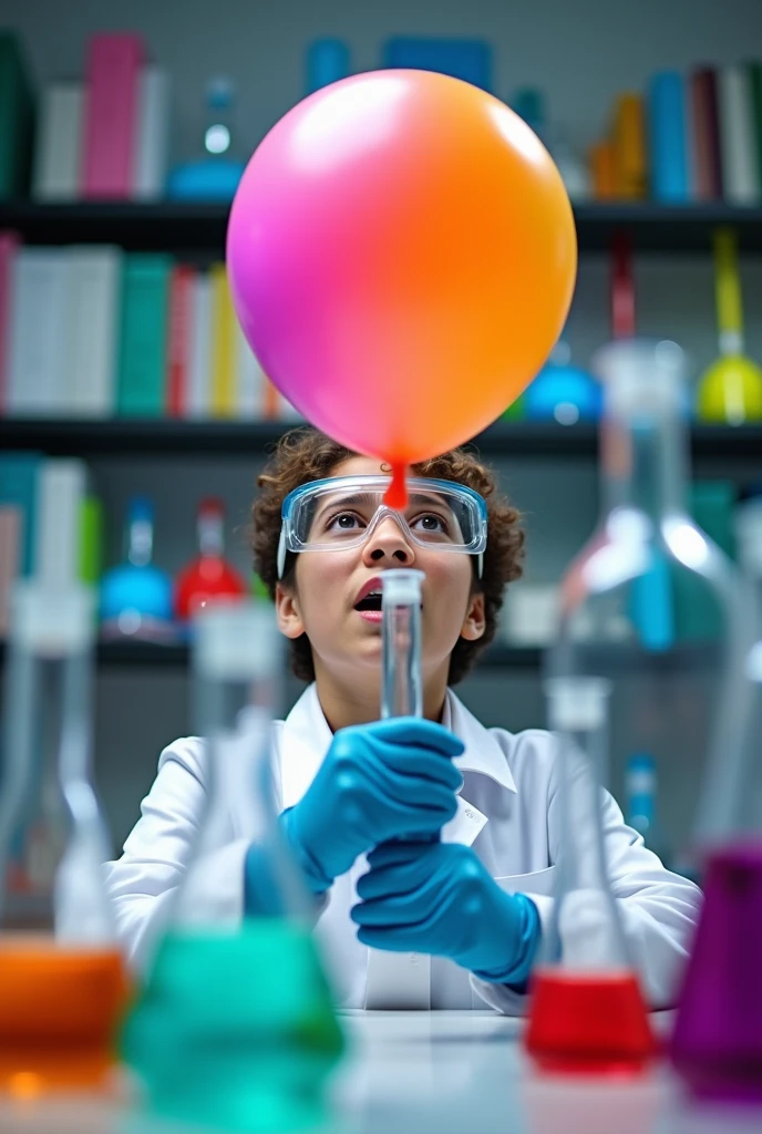 A balloon without a string covering the mouth of a plastic bottle without a string with a scientist showing it