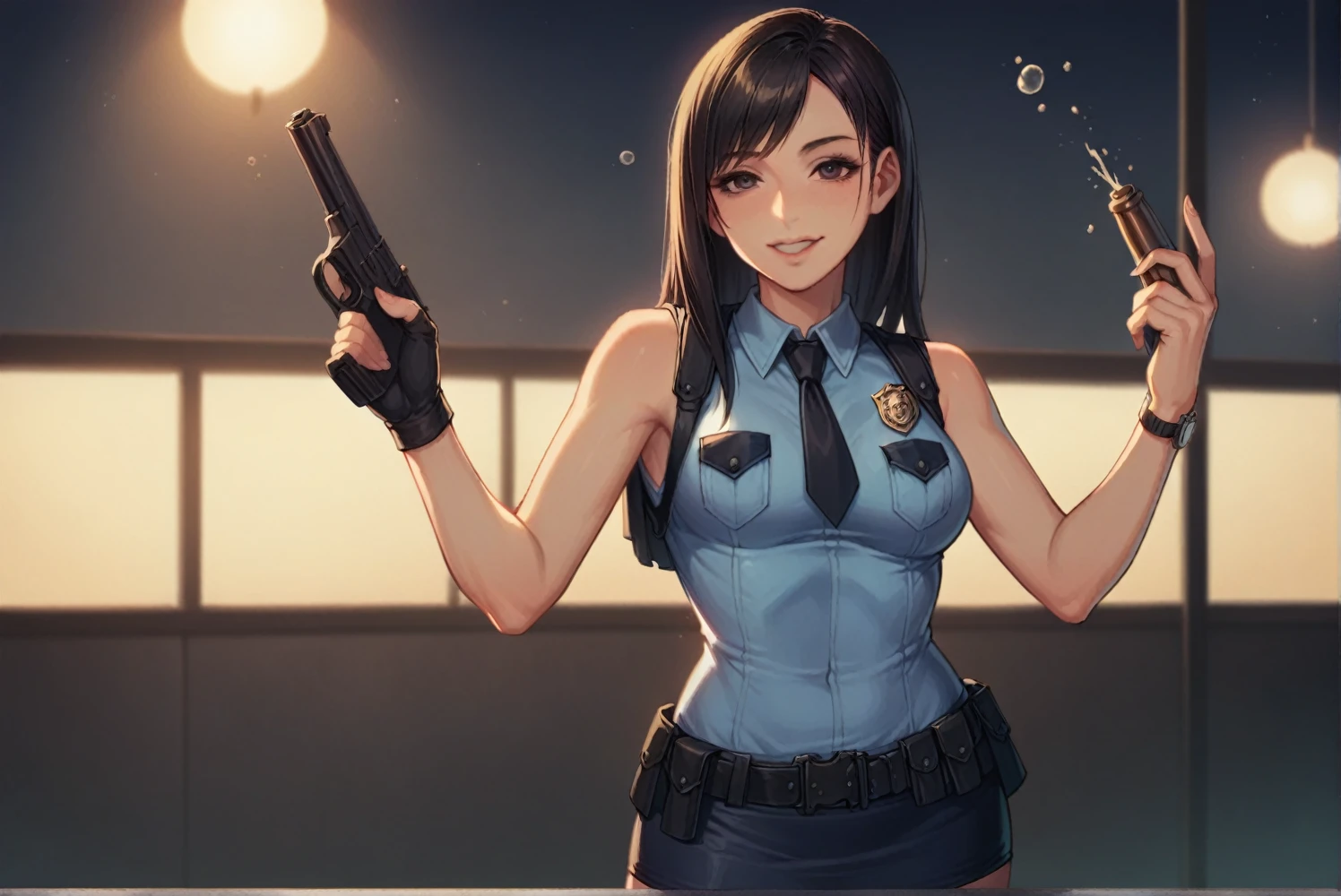 1 person, police, Adult, resident evil style, sexy police officer in uniform, Sleeveless shirt,Ultra mini skirt,belt,watch,slim, evening, Soft Light, Facial details, Drunk, Long black hair, Beautiful Skin, fringe, Pale pink lips, with a gun in hand, smile, Big black eyes, Looking at the audience, Cowboy Shot. -- realistic style - imagine -