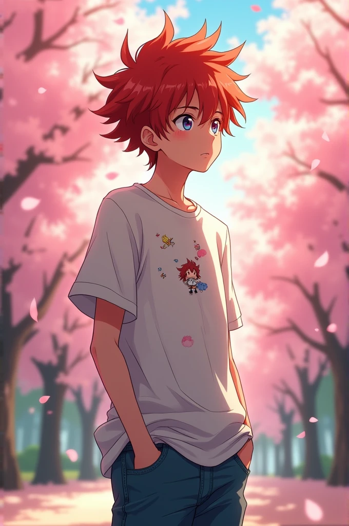"Anime character with spiky hair, a bit like Sasori's hairstyle. He has a shy and gentle demeanor and is wearing casual clothing like a t-shirt and jeans. His expression is thoughtful and somewhat nervous