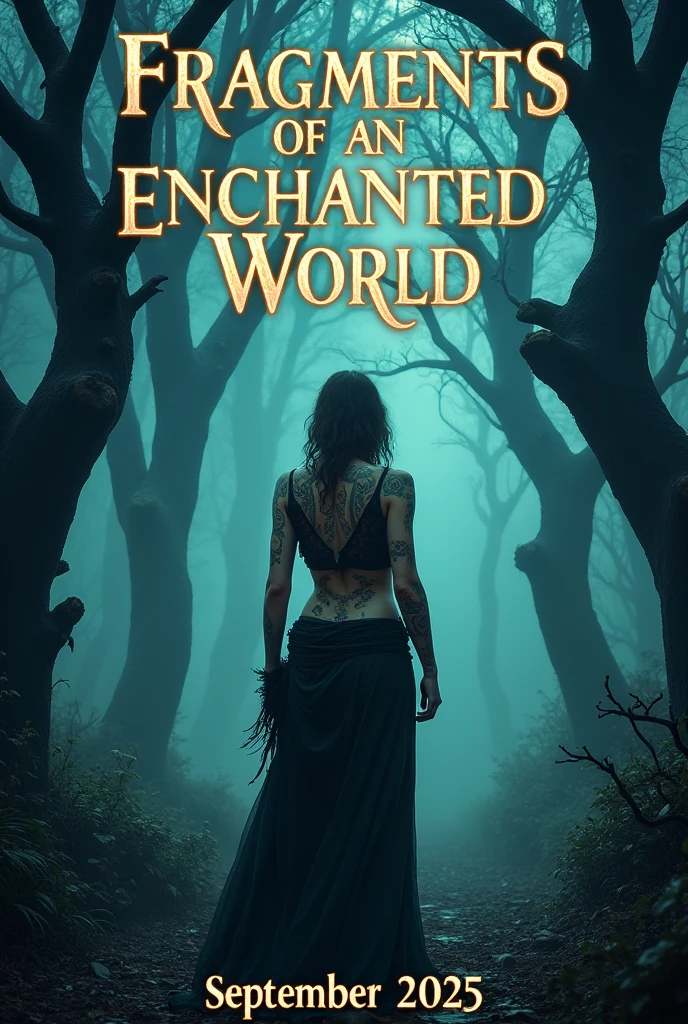 I need you to create a horror cover with the title "fragments of an enchanted world" with a release date for September 2025