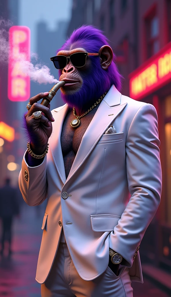 Purple Ape, wearing a white gangster suit with chains, a hat and glasses, tattooed, with huge diamond and gold rings, smoking with a pipe, pointing with his index finger to the left