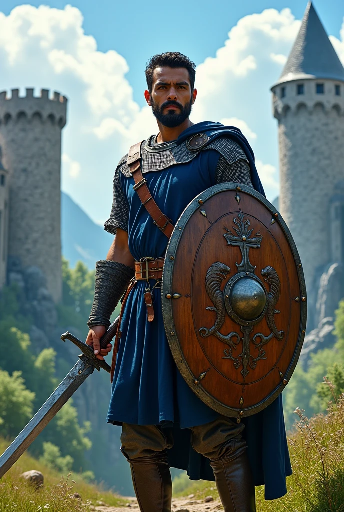 (photorealism:1.2), Dans un monde médiéval fantastique, un homme, voyageur . 27 ans, 1m80, Cheveux et barbe courts noire. Il a un haut a manche courte bleu nuit. Il n'a pas de gantelets. Il a une épée en fer et un bouclier en bois. Il porte une cotte de maille.