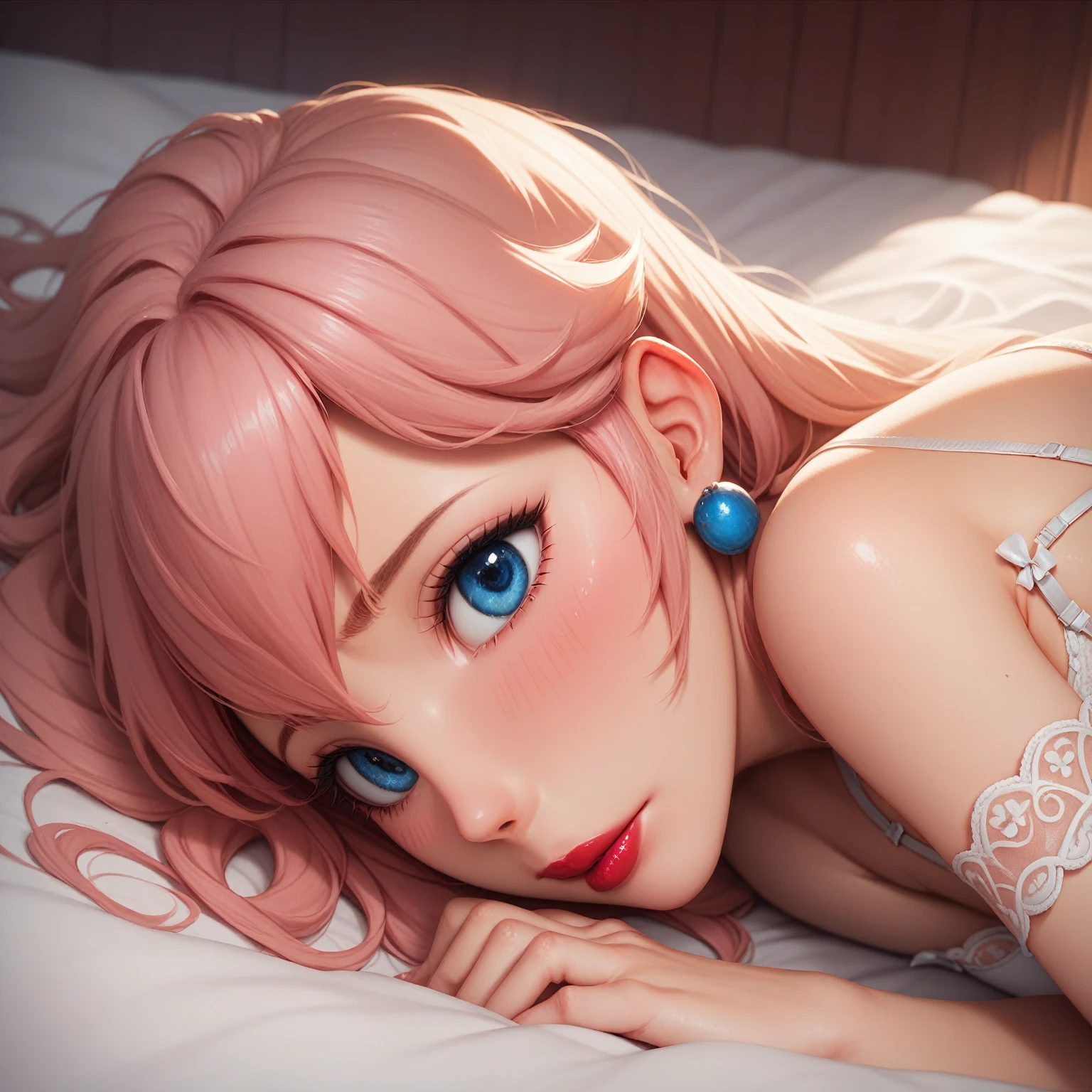 Peach princess in white lingerie lying down, white bed. big eyes, blue eyes, red lips. detailed face, detailed body, attractive body, seductive body. lying down DETAILS 8K. Dynamic pose. beautiful, embarrassed face, shy.