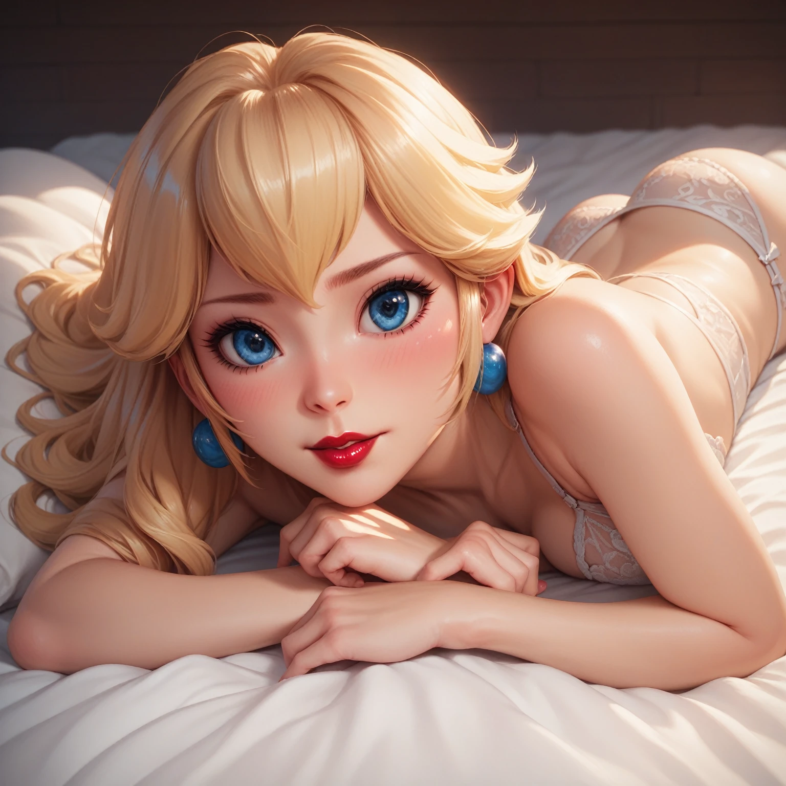 Peach princess in white lingerie lying down, white bed. big eyes, blue eyes, red lips. detailed face, detailed body, attractive body, seductive body. lying down DETAILS 8K. Dynamic pose. beautiful, embarrassed face, shy.