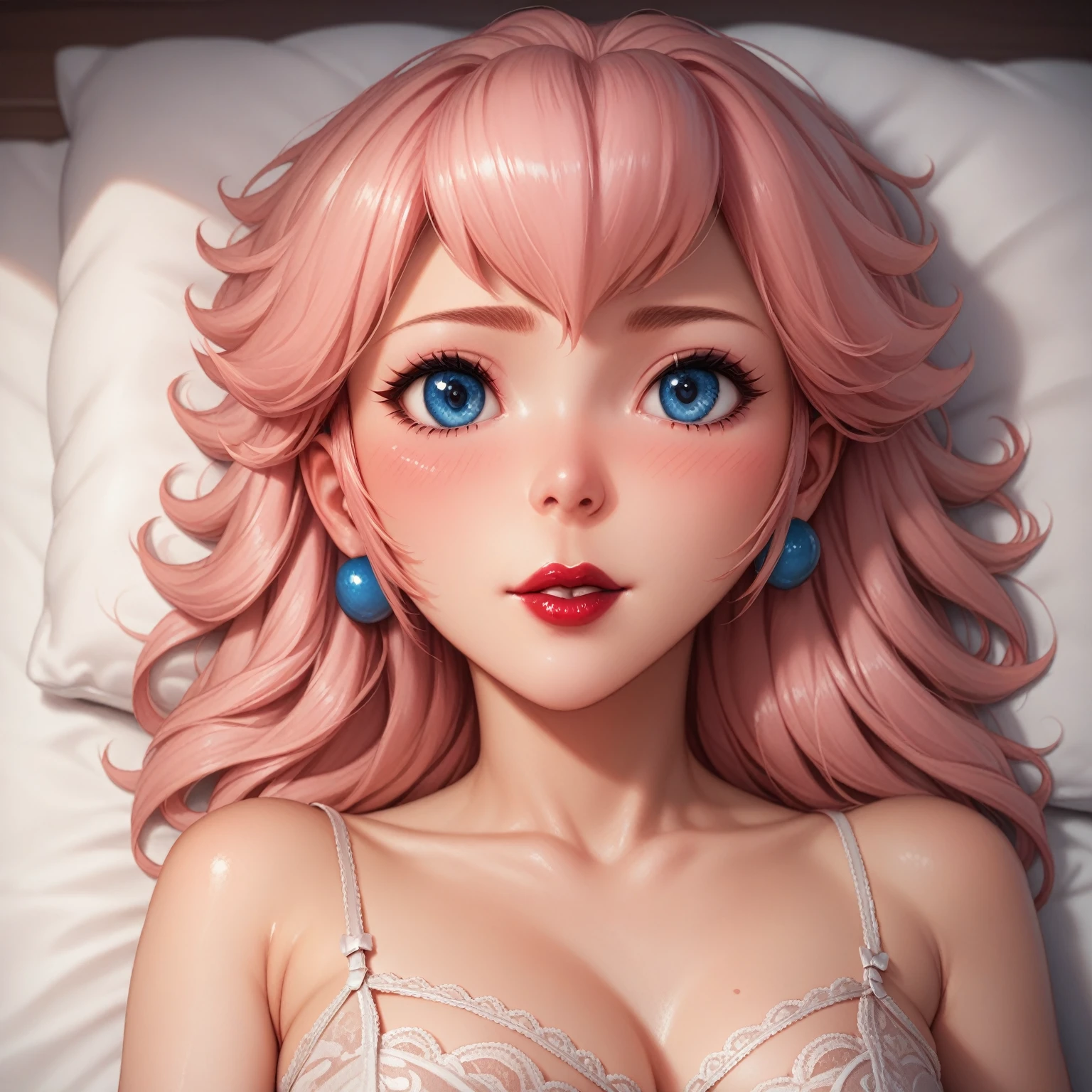 Peach princess in white lingerie lying down, white bed. big eyes, blue eyes, red lips. detailed face, detailed body, attractive body, seductive body. lying down DETAILS 8K. Dynamic pose. beautiful, embarrassed face, shy.