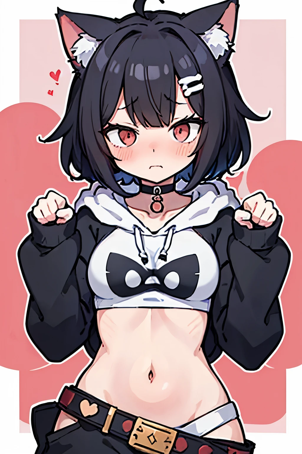 cute anime girl, short very messy hair with long bangs, wearing a hoodie, wearing a belt choker, looking shy, nervous, flustered expression, doing cat paw pose, nya pose, shy girl, blush, nervous girl, basic white background simple, waist up visible, hands closer together, fists above chest