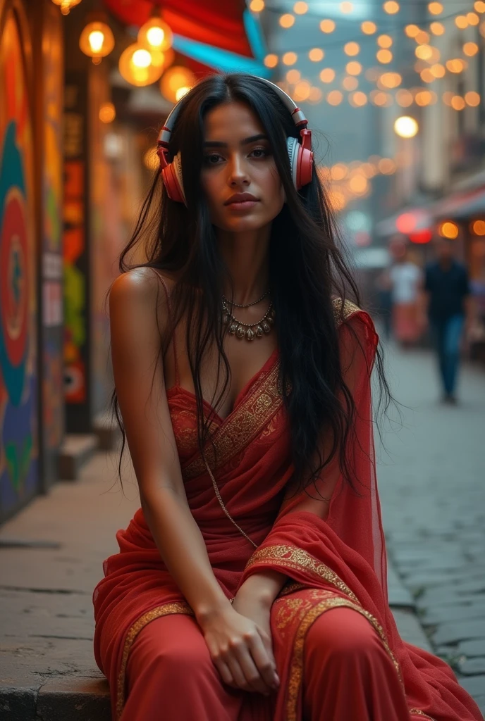 A sexy persian girl in saree without bra, she has headphones on and enjoying the music.