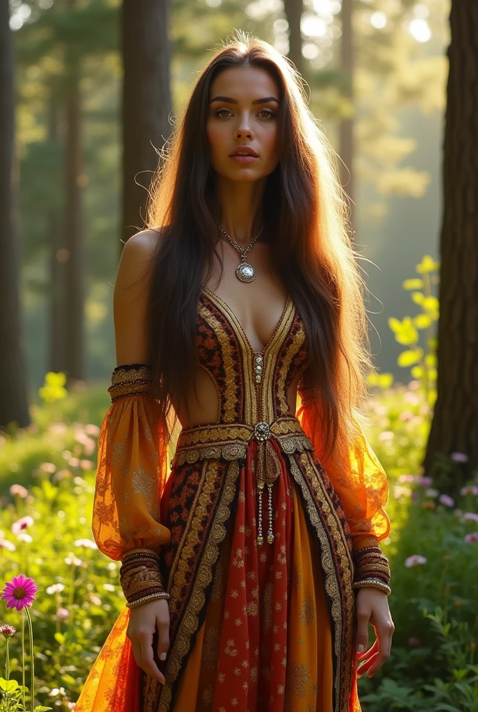 Mulher de cabelo marrom grande com com uma roupa luxuosa tempo 2000-90-80 Fundo: she is in a forest in the afternoon