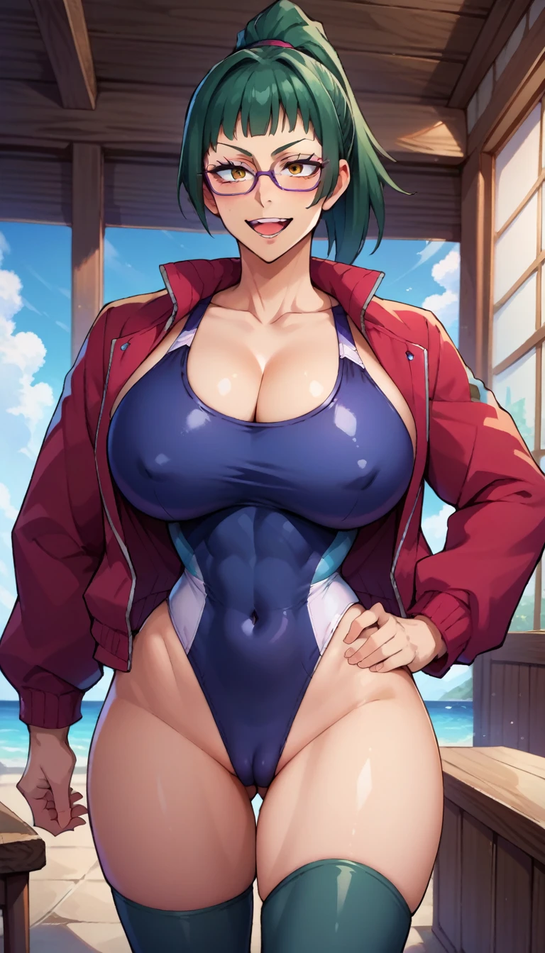 score_9, score_8_up, score_7_up, score_9, source_anime, BREAK MakizeninSDXL, 1girl, solo, breasts, looking at viewer, blush, smile, open mouth, bangs, thighhighs, cleavage, standing, collarbone, jacket, swimsuit, golden eyes, ponytail, thighs, cowboy shot, green hair, open clothes, glasses, teeth, black thighhighs, huge breasts, covered nipples, open jacket, hand on hip, one-piece swimsuit, covered navel, muscular, cameltoe, highleg, tabs, high ponytail, red jacket, competition swimsuit, black one-piece swimsuit,= highleg swimsuit,