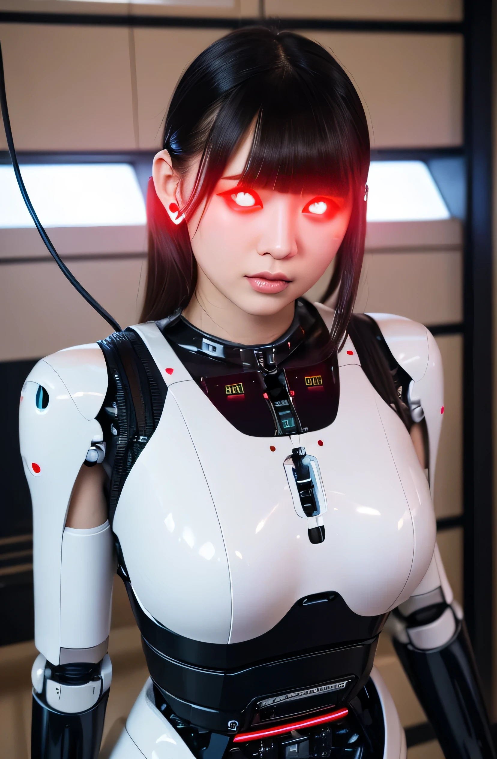 masterpiece, best quality, extremely detailed,  Japaese Cyborg girl,Plump , control panels,android,Droid,Mechanical Hand, Robot arms and legs, Black Robot Parts,Black hair,Mechanical body,Blunt bangs,White robotics parts,perfect robot girl,long tube,thick cable connected her neck,ceramic body ,mechanical body, mechanical ear cover, mechanical costume,android,robot,humanoid,cyborg,japanese android woman ,mechanical chest,future laboratory,connecting a cable between the legs,(Glowing Eyes Meme:1.2)
