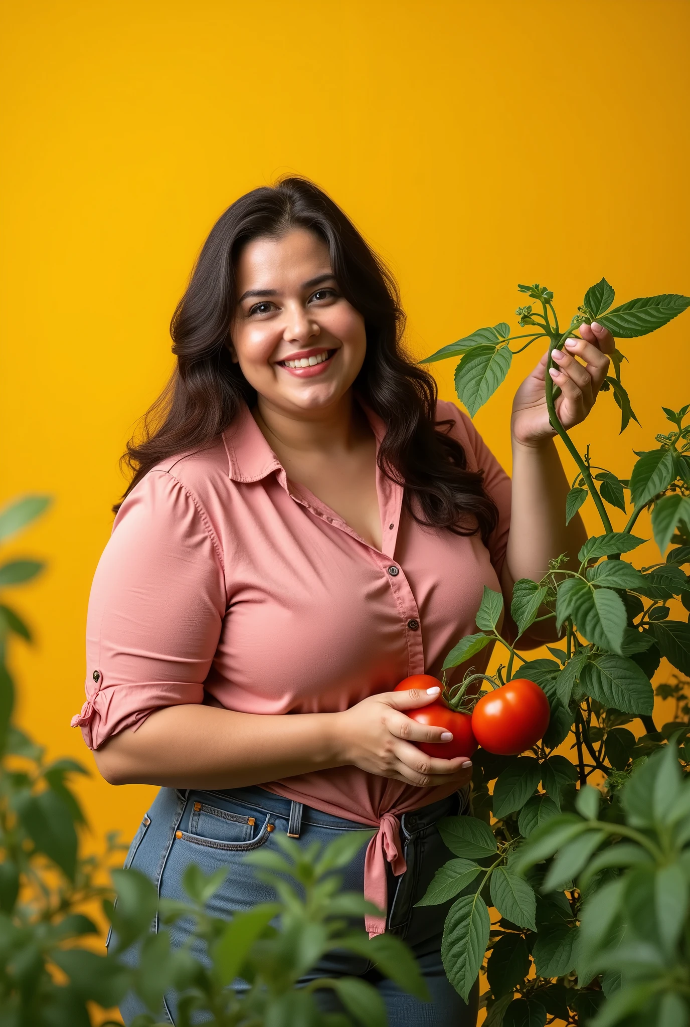Most detailed, Perfect appearance, plus size Woman growing tomatoes in the garden, , Ripe tomatoes, yellow background.