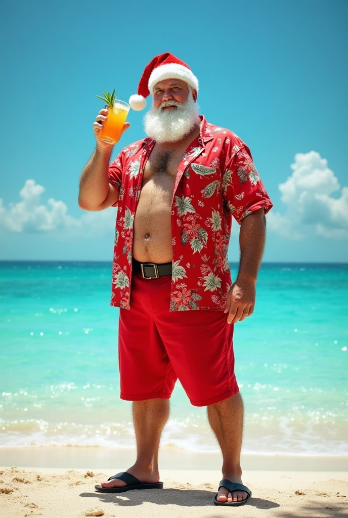 Tall strong muscular Santa Claus in summer outfit on the beach hyperrealism 