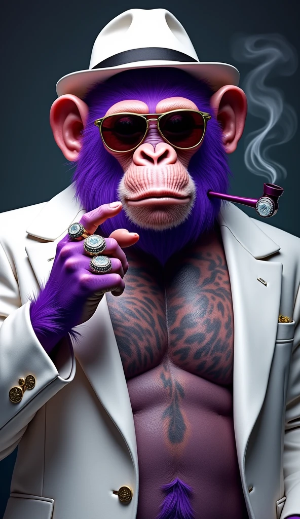 Purple Ape, wearing a white gangster suit with chains, a hat and glasses, tattooed, with huge diamond and gold rings, smoking with a pipe, pointing with his index finger to the left