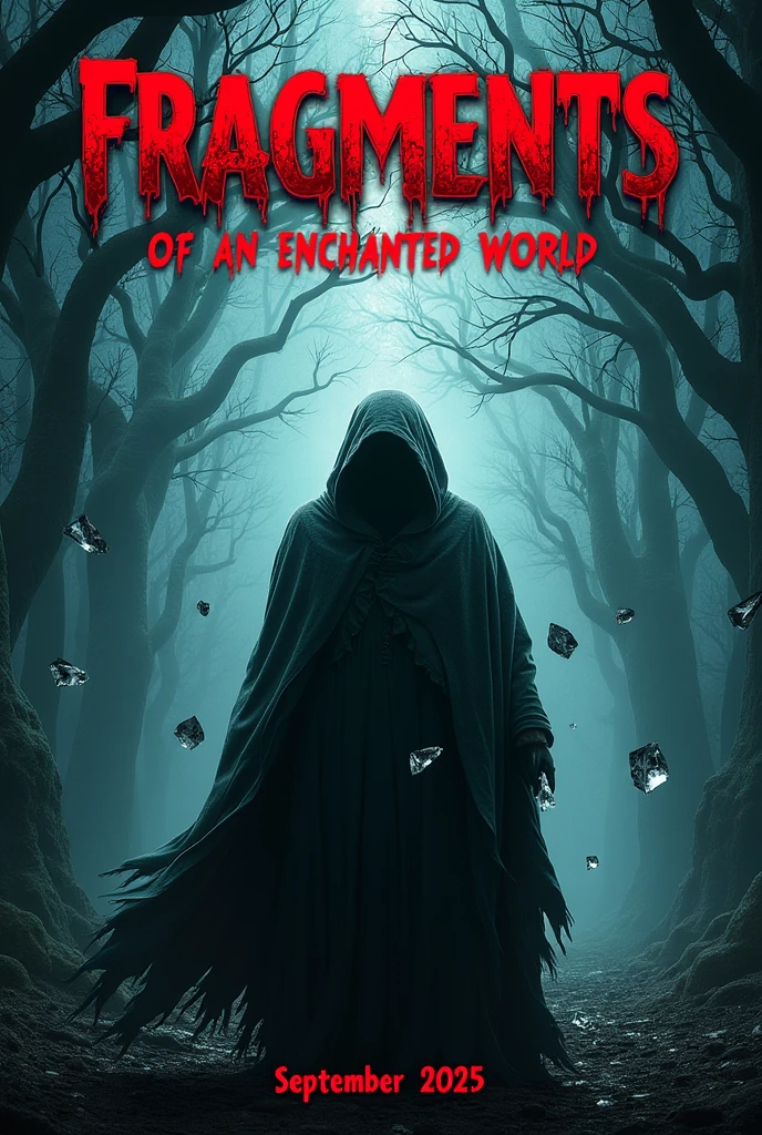 I need you to create a horror cover with the title "fragments of an enchanted world" With the release date for September 2025, I would like red and black on the cover.