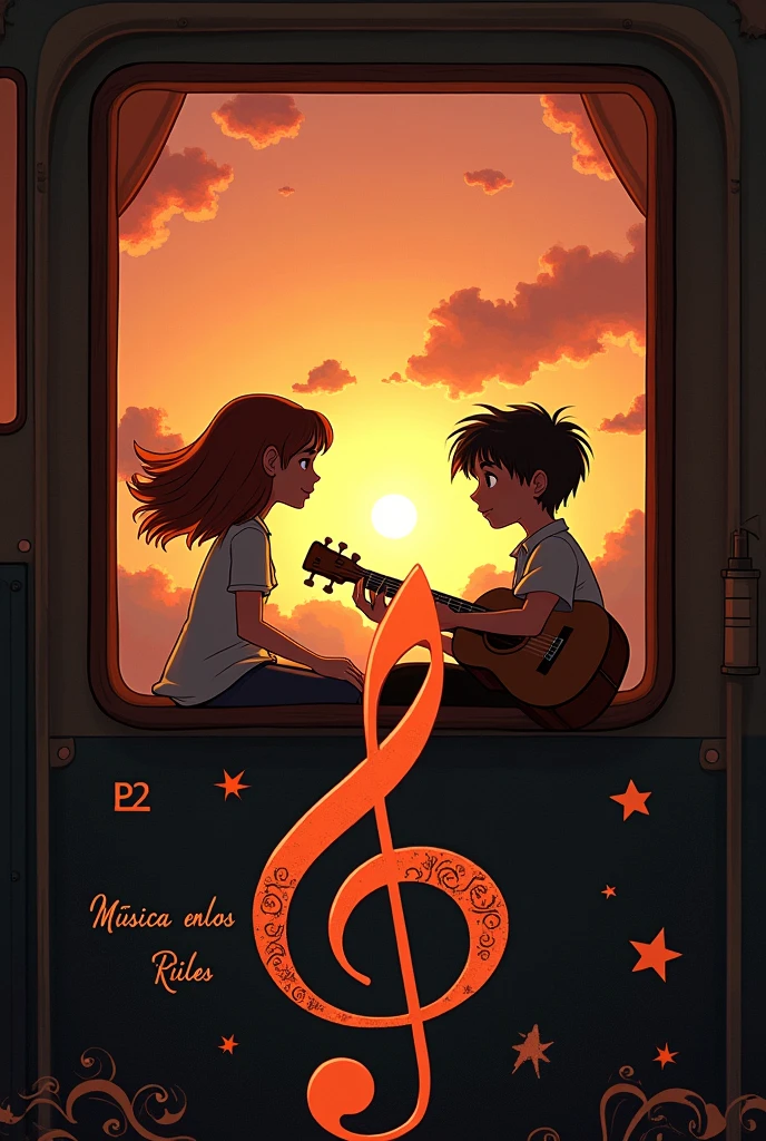 I want an image for a book , that in the image there are 2 people a boy and a girl of , in a sunset, on a train, below all that, that you put a treble clef, The title in Spanish will be: Music on the Rails that put it up, below next to the treble clef I want you to put in Spanish: By Antonio .